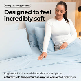 Close-up of Silvery-infused fabric highlights ultra-soft, silky texture for luxurious sleep.