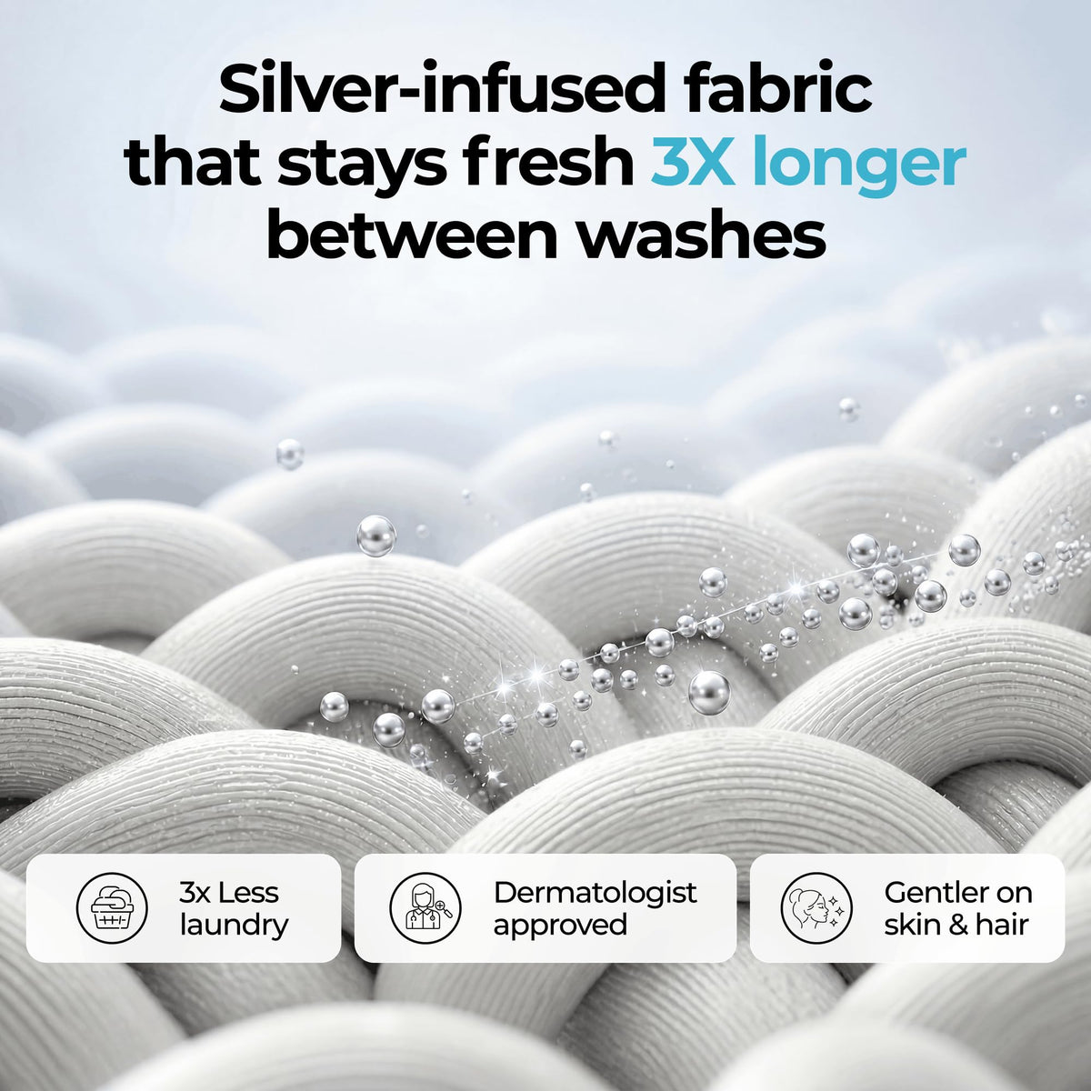 Magnified view of Silvery silver ion infusion showcasing freshness and clean feel