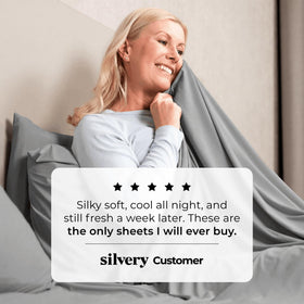 Silvery wrinkle-free deep-pocket fit keeps sheets snug through the night.