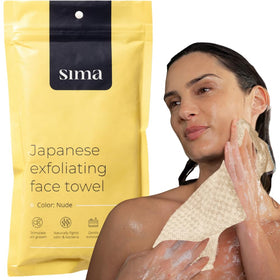 Sima Brand exfoliating towel front view with hexagon fibers for gentle exfoliation.