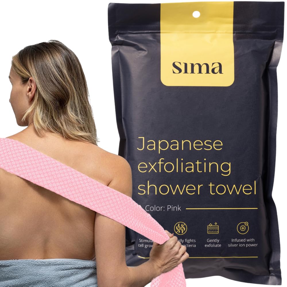 Sima Brand exfoliating washcloth with hexagon fibers for gentle facial and body cleansing.