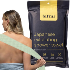 Sima Brand exfoliating washcloth with hexagon fibers for gentle exfoliation and smoother skin.