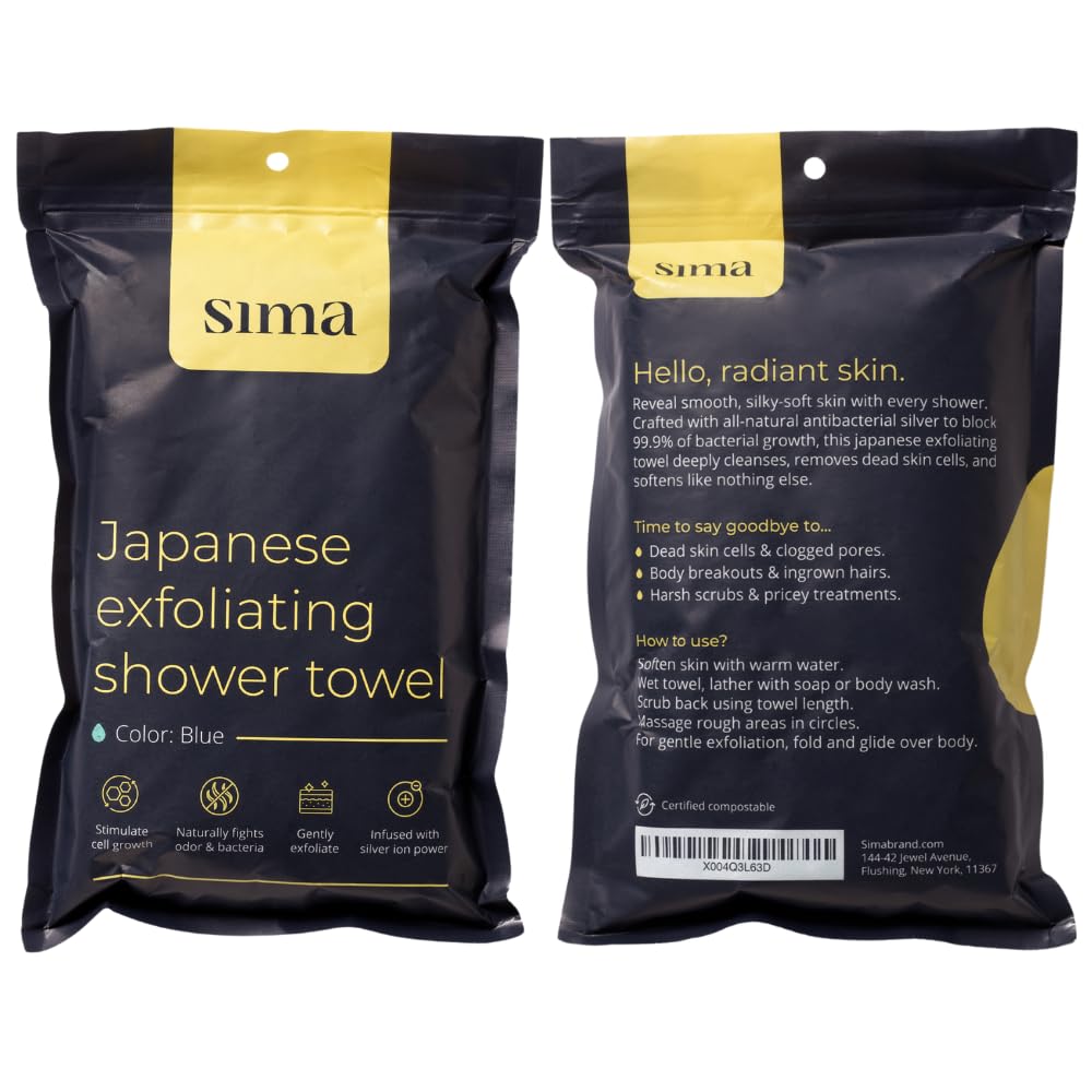 Sima Brand green exfoliating towel shown in a bathroom setting.