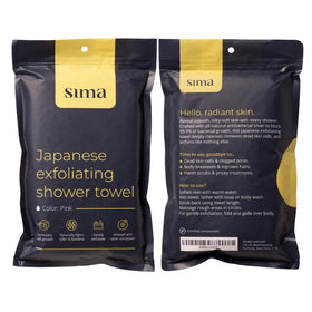 Pink towel packaging with care tips and easy care instructions.