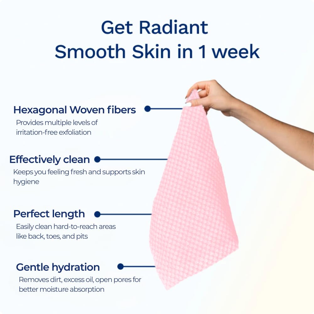 Spa-like self-care routine with exfoliating washcloth for cleansing and exfoliation.