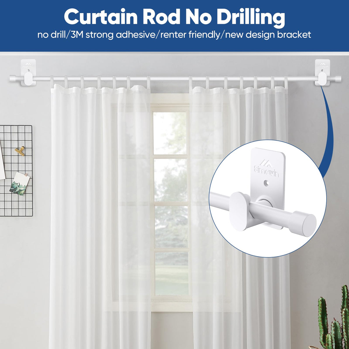 SIMEWIN 3M adhesive bracket curtain rod demonstrates easy, drill-free installation