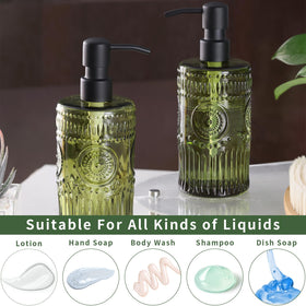Simeitol green glass dispenser with pump for stylish, mess-free refills.