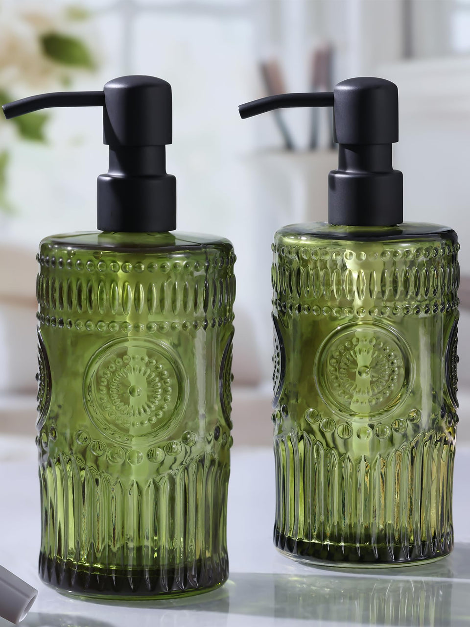 Simeitol sunflower-embossed glass dispenser pair for stylish kitchens and baths.