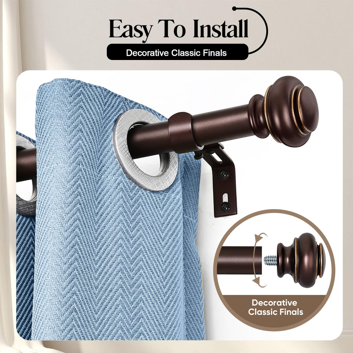 SIMEWIN bronze curtain rod with classic finials enhances room decor.