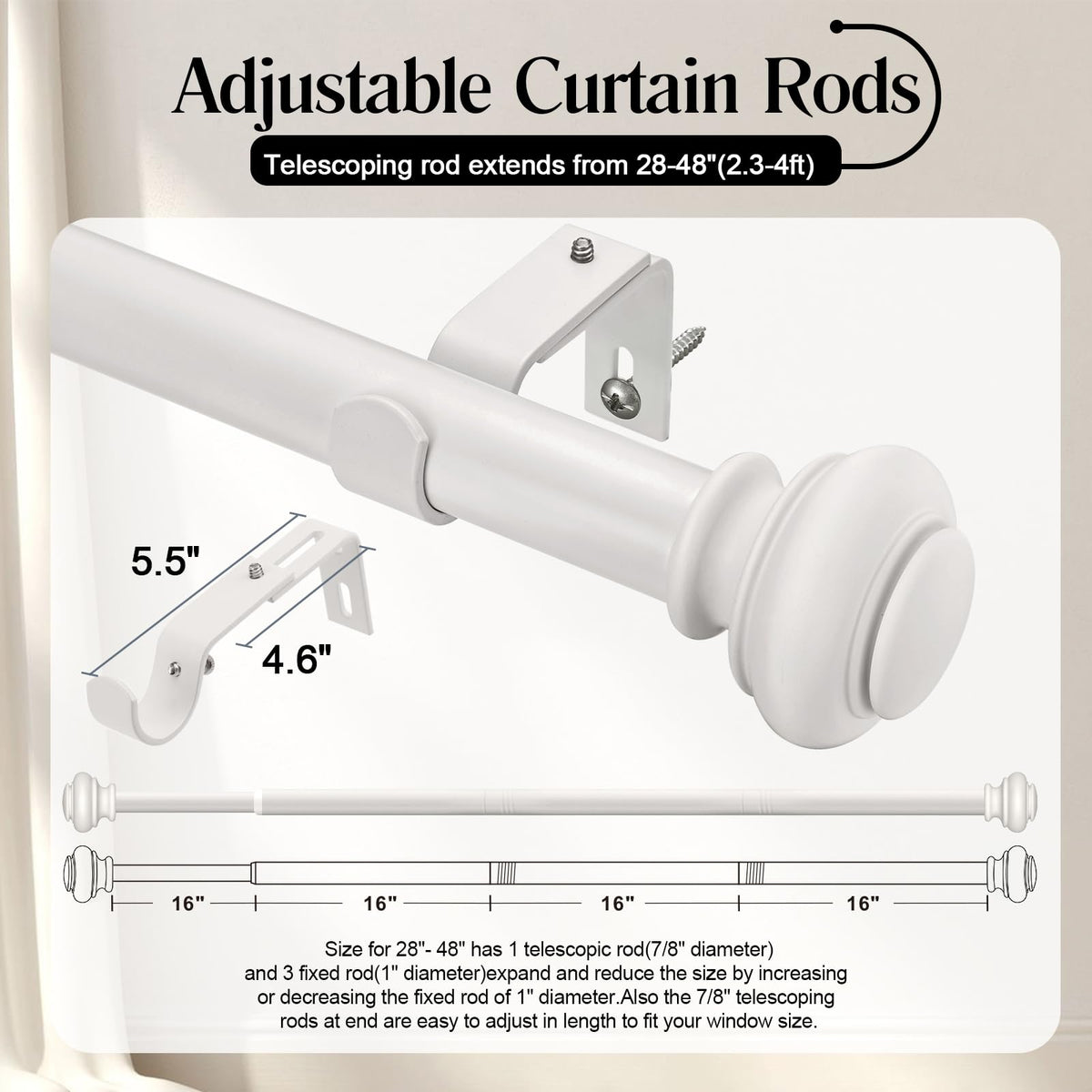 SIMEWIN 1in-diameter rod provides sturdy support for heavier draperies.
