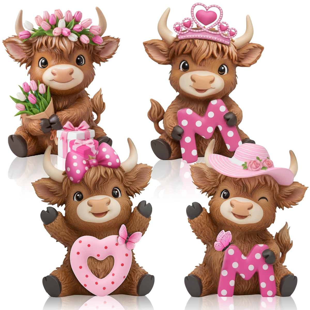 Simgoing pink Highland cow figurine set for Mother's Day centerpieces and home charm.