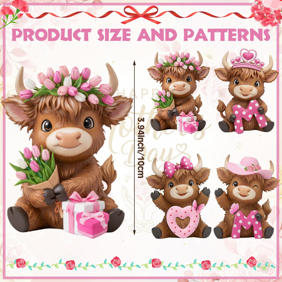 Simgoing Highland cow figurine pink mom 2 highlights blooms for cozy home decor.