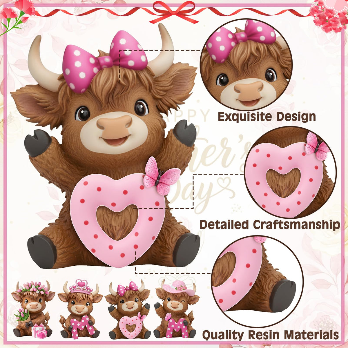 Simgoing pink Highland cow figurine mom 3 enhances shelf displays.