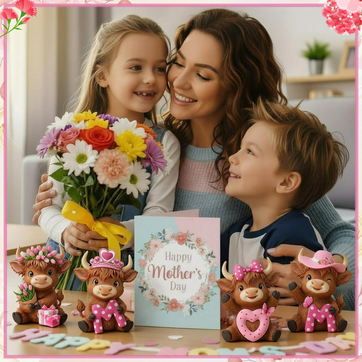 Simgoing Highland cow figurine pink table display for Mother's Day.
