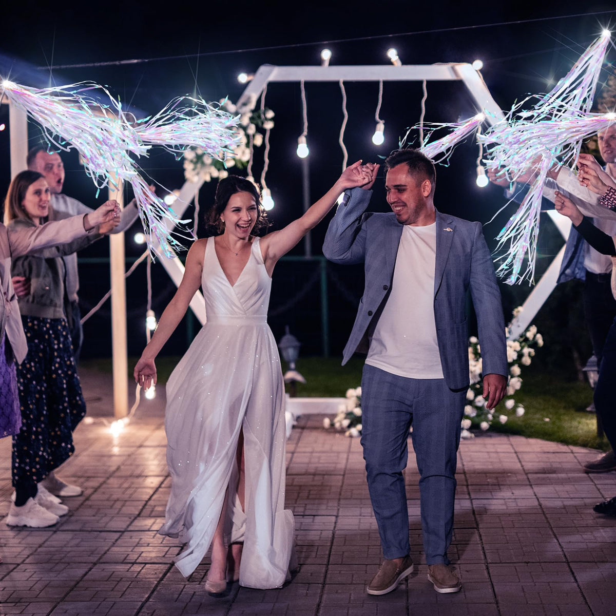 Simgoing tinsel detail closeup shows sturdy attachment and sparkle