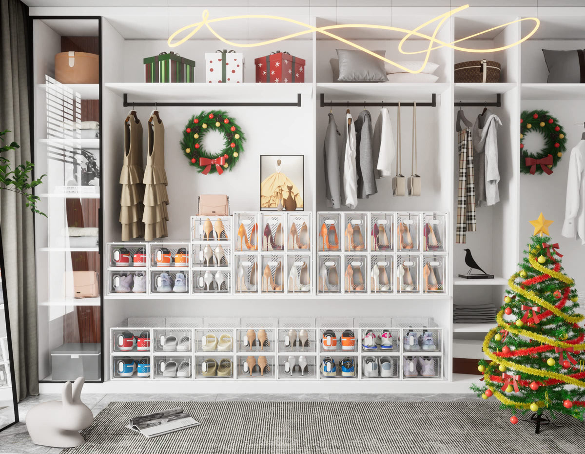 SIMPDIY clear shoe boxes displayed in a closet for easy viewing and space saving