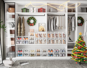 SIMPDIY clear shoe boxes displayed in a closet for easy viewing and space saving