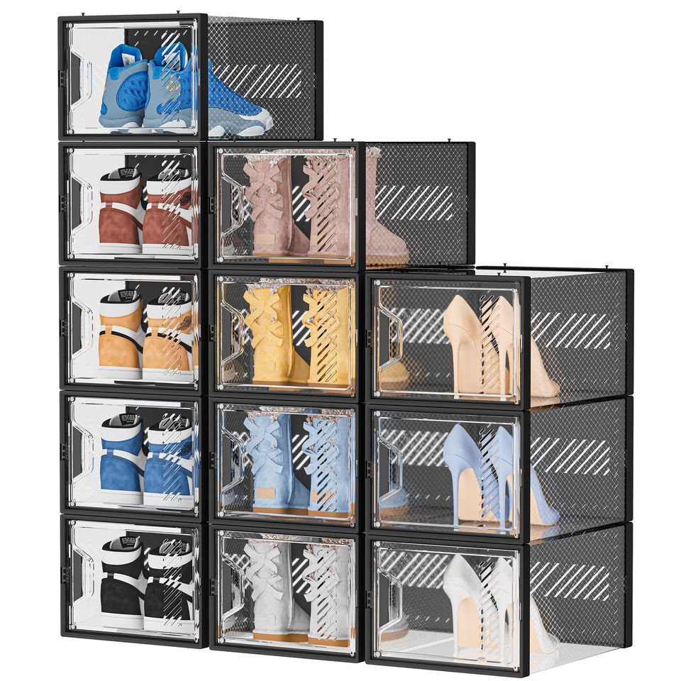 SIMPDIY 12-pack X-Large stackable shoe storage boxes organize shoes neatly.