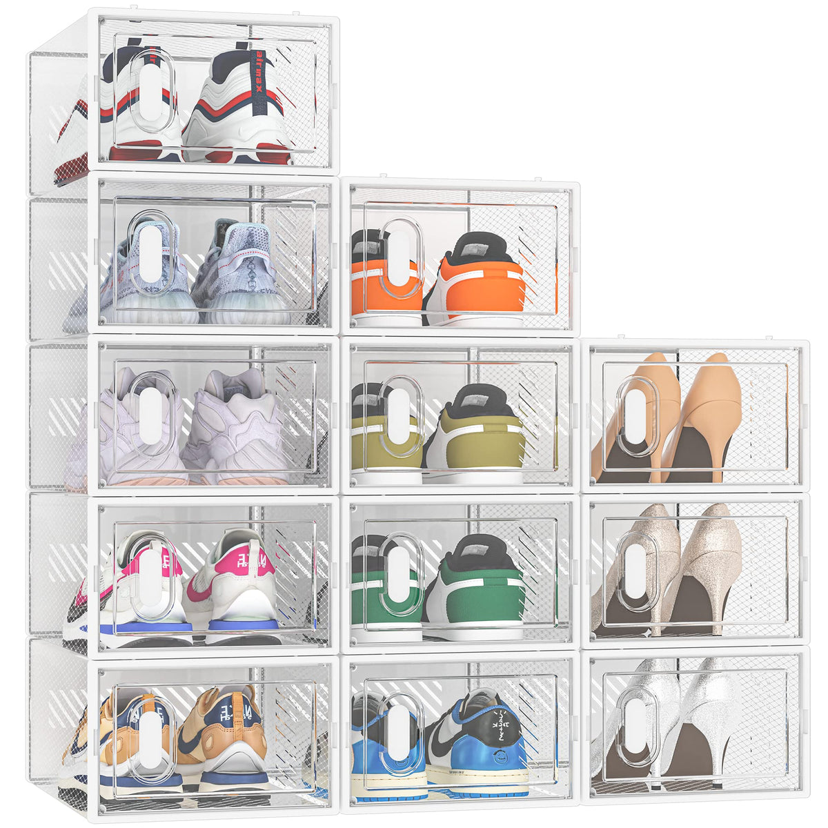 SIMPDIY shoe storage boxes with closed lids stacked for compact closet organization