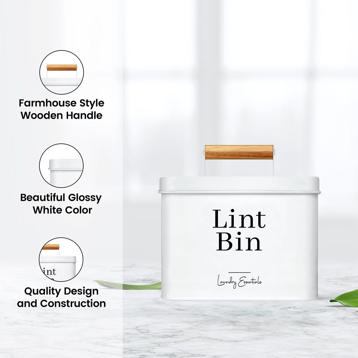 Simplation lint bin lid with wood handle adds a durable premium touch.