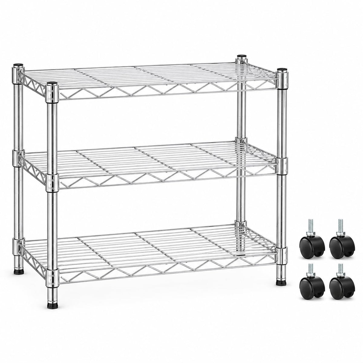 Simple Deluxe 3-tier chrome shelving front view showing sturdy storage solution