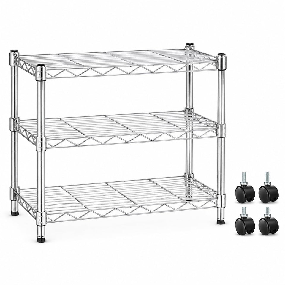 Simple Deluxe 3-tier chrome shelving front view showing sturdy storage solution