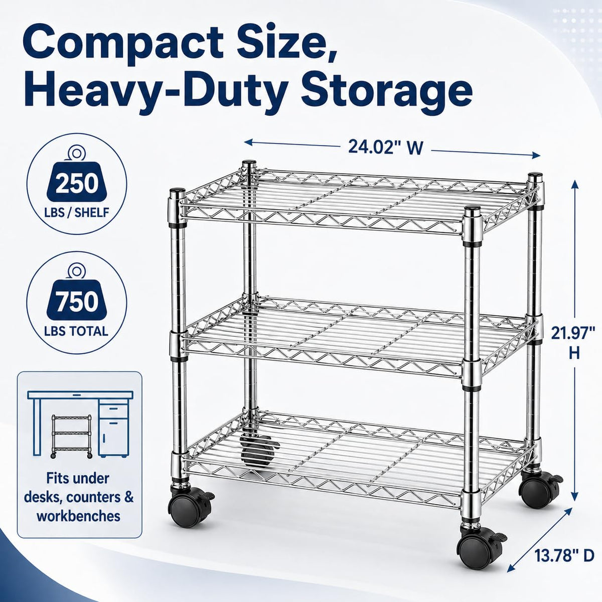 Simple Deluxe chrome 3-tier shelving side view for compact spaces