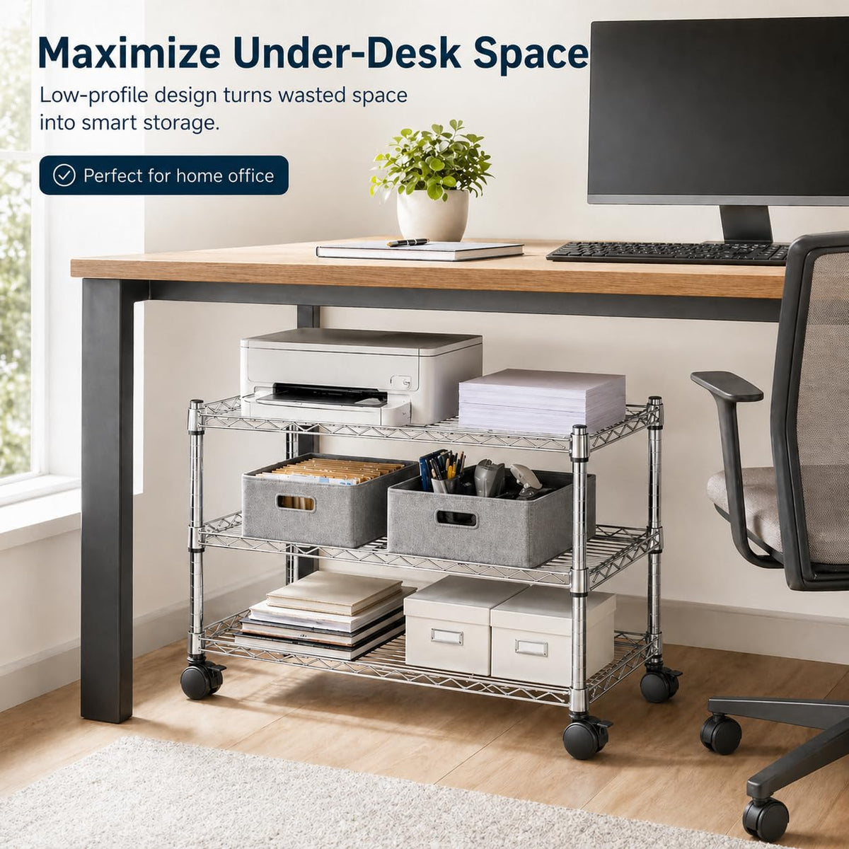 Simple Deluxe shelving with wheels enables easy repositioning in kitchen or garage