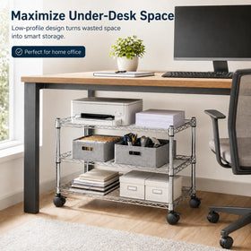 Simple Deluxe shelving with wheels enables easy repositioning in kitchen or garage