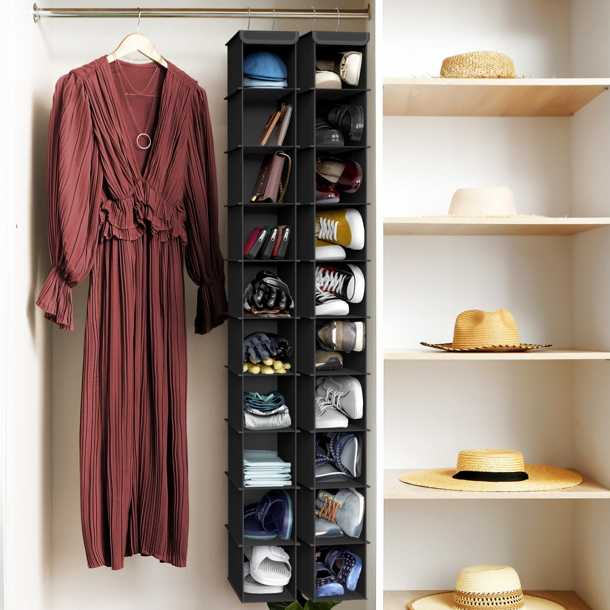 Simple Houseware filled shoes neatly stored in vertical cubbies