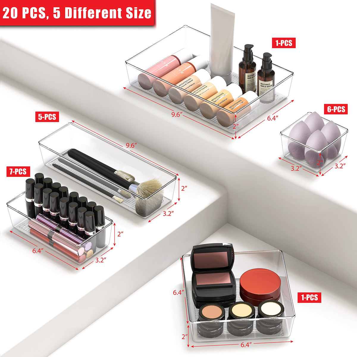 Simple Houseware 20-piece clear drawer organizers in large size hold cosmetics and supplies