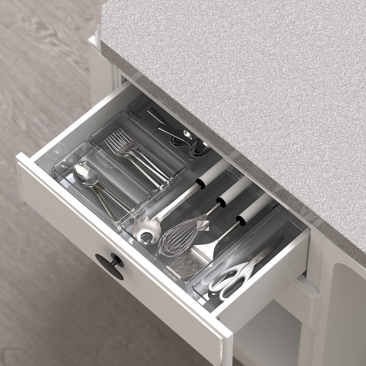 Simple Houseware 20-piece clear drawer organizers in use for easy vanity organization