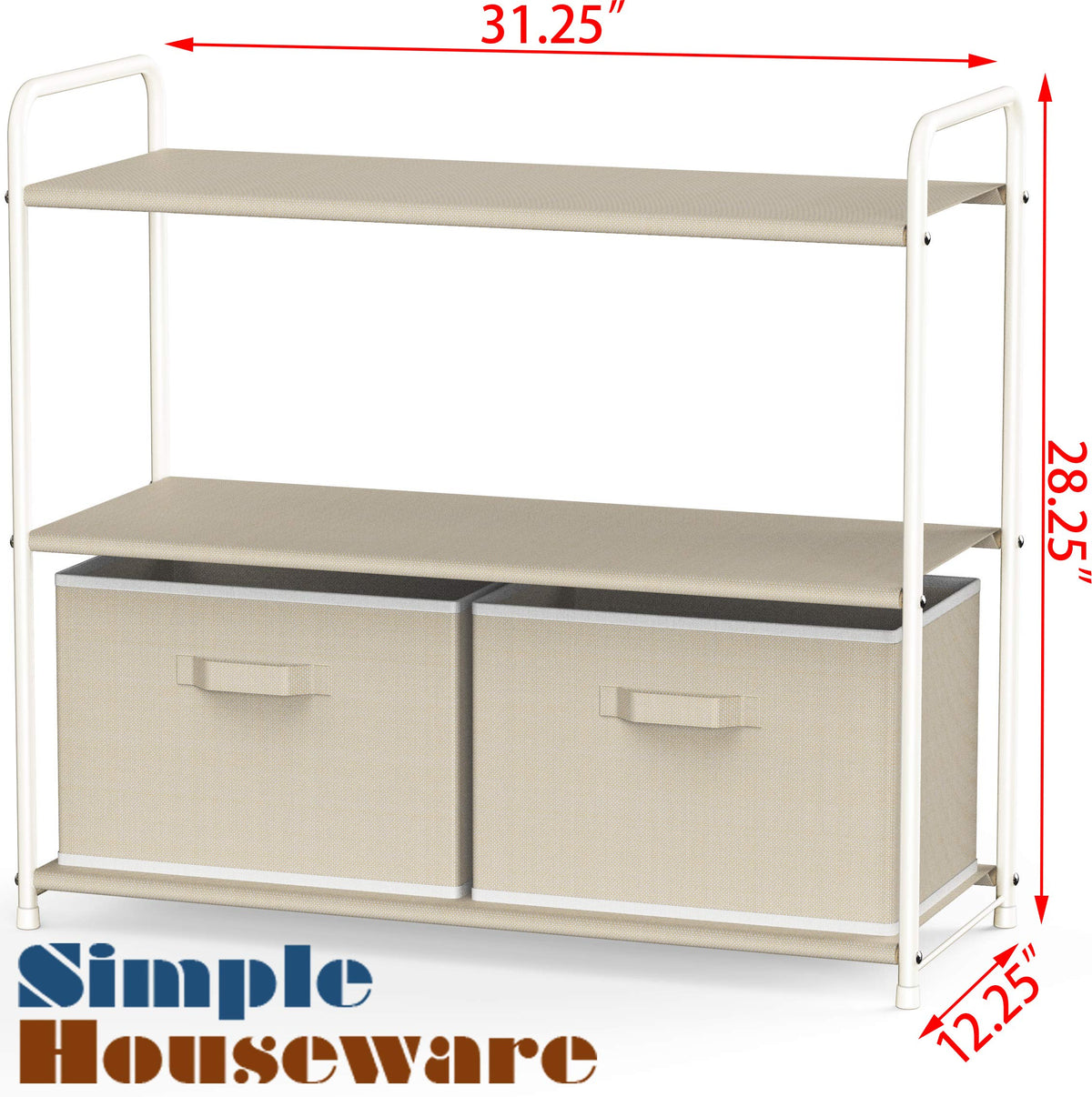 Beige fabric shelves provide breathable organization for garments and accessories.