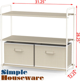 Beige fabric shelves provide breathable organization for garments and accessories.