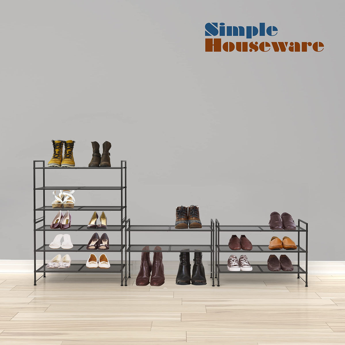 Simple Houseware black mesh rack dimensions fit entryways at 11 by 26.3 by 19 inches.