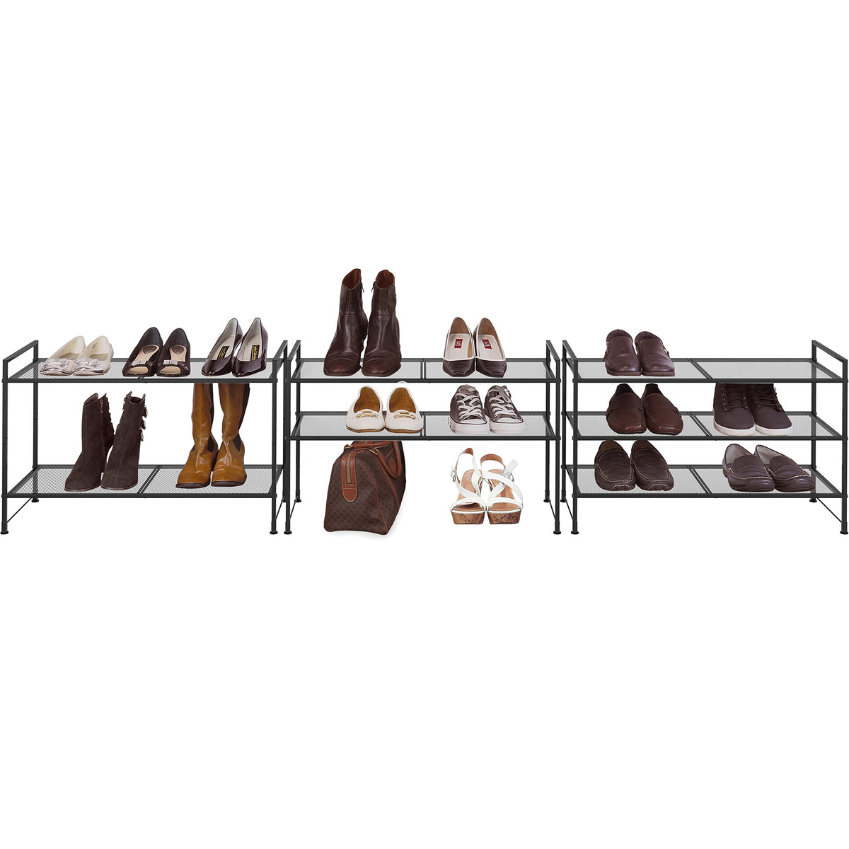 Simple Houseware stackable mesh rack demonstrates expandable storage when adding units.