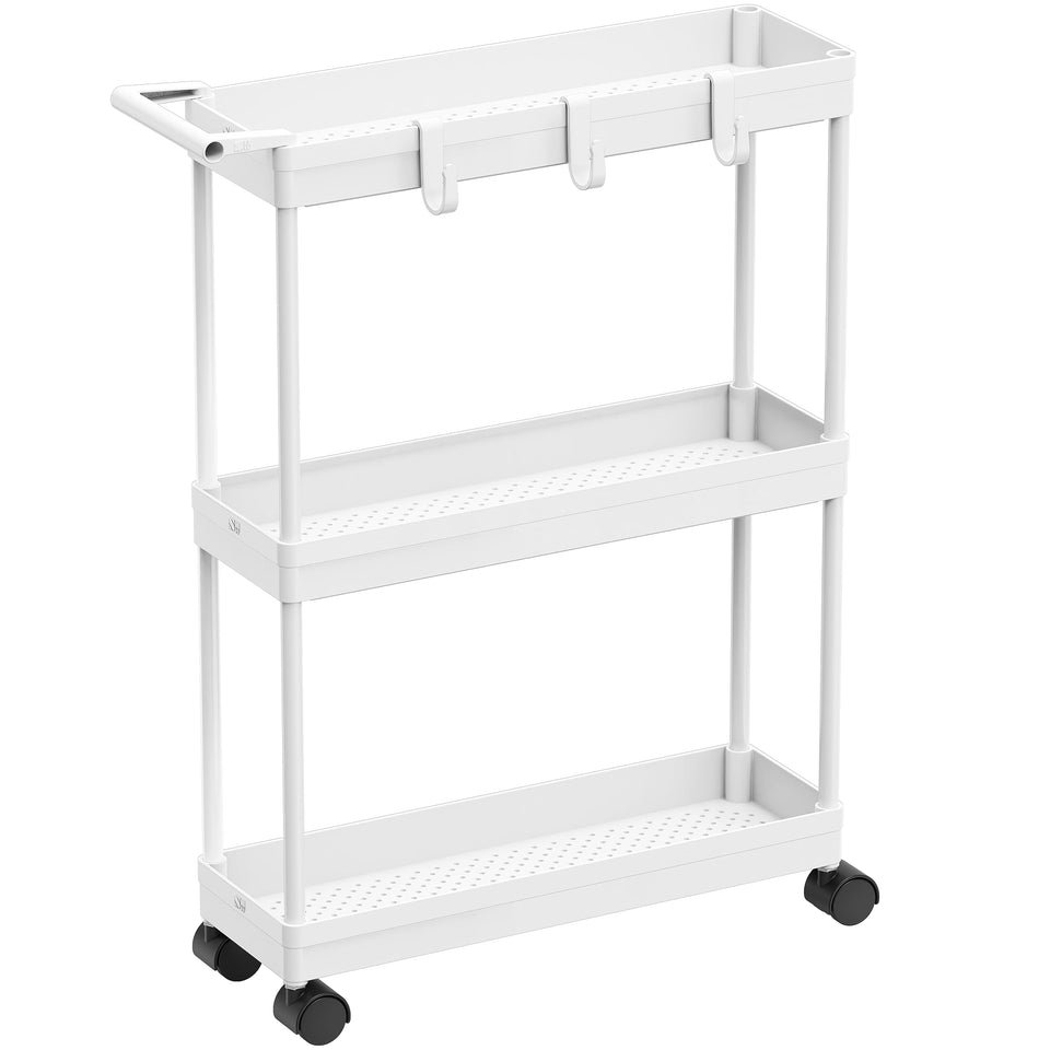 Simple Houseware 3-Tier Slim Storage Cart shows compact dimensions for tight spaces.