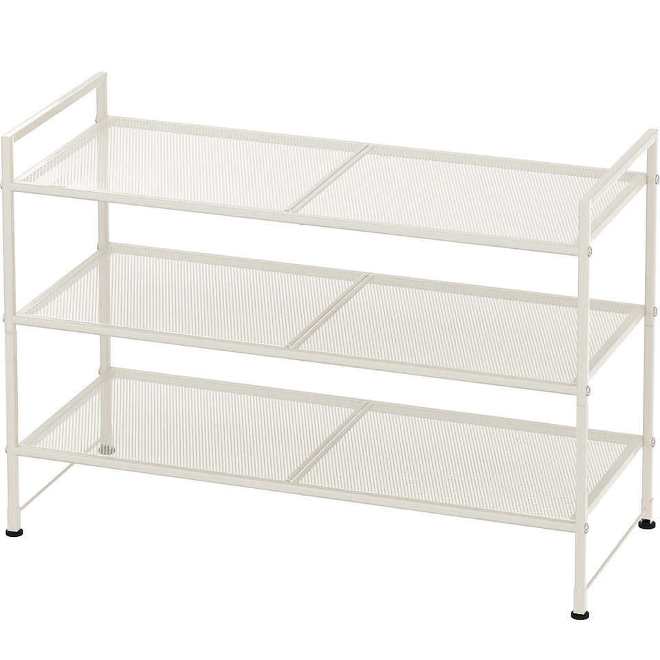 Simple Houseware 3-Tier Stackable Mesh Shoe Rack white front view, stores up to 9 pairs