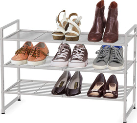 Simple Houseware 3-tier stackable rack in silver, front view for organized entryway footwear