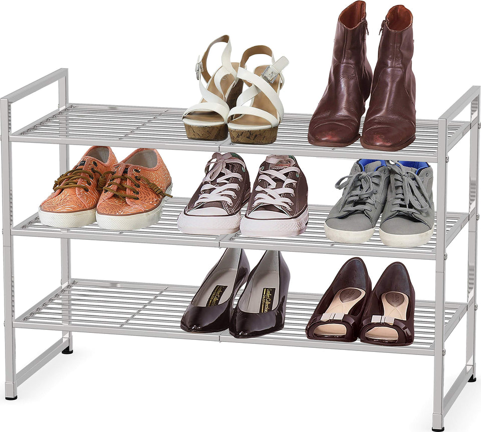Simple Houseware 3-tier stackable rack in silver, front view for organized entryway footwear