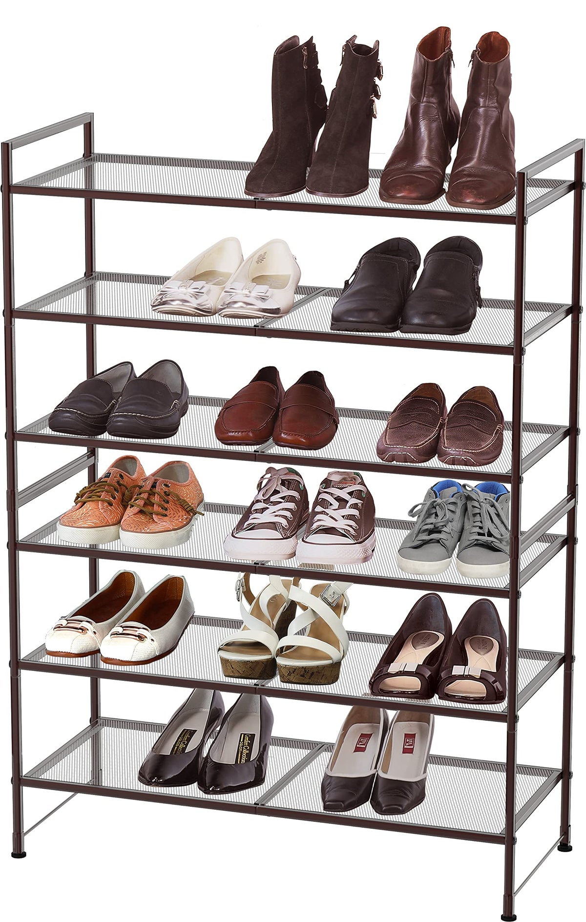 Simple Houseware 3-Tier Mesh Shoe Rack side view shows sturdy bronze coating.