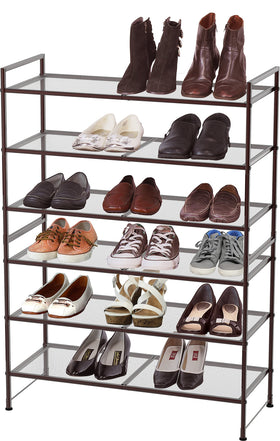 Simple Houseware 3-Tier Mesh Shoe Rack side view shows sturdy bronze coating.