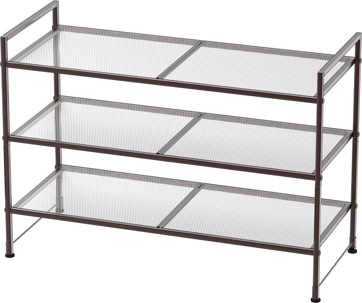 Simple Houseware 3-Tier Stackable Mesh Shoe Rack front view in bronze saves space.