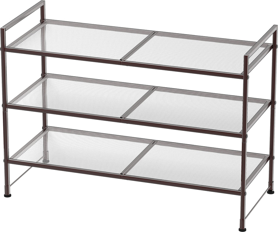 Simple Houseware 3-Tier Stackable Mesh Shoe Rack front view in bronze saves space.