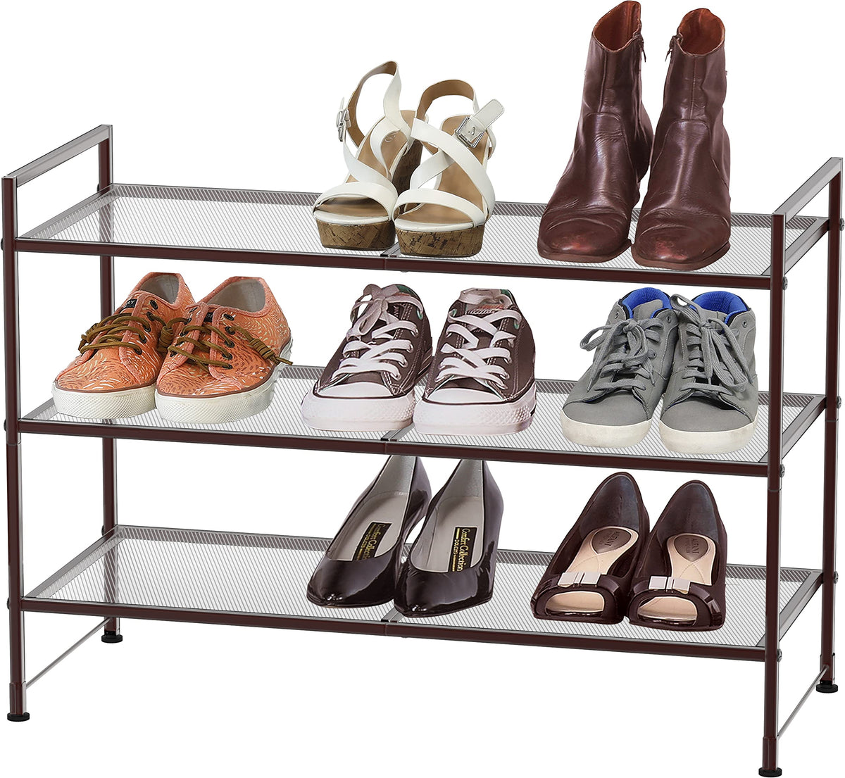 Simple Houseware 3-Tier Stackable Mesh Shoe Rack stacked setup maximizes closet capacity.