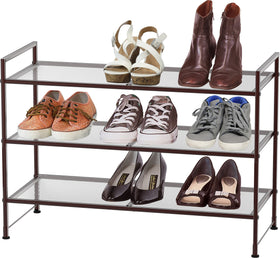 Simple Houseware 3-Tier Stackable Mesh Shoe Rack stacked setup maximizes closet capacity.