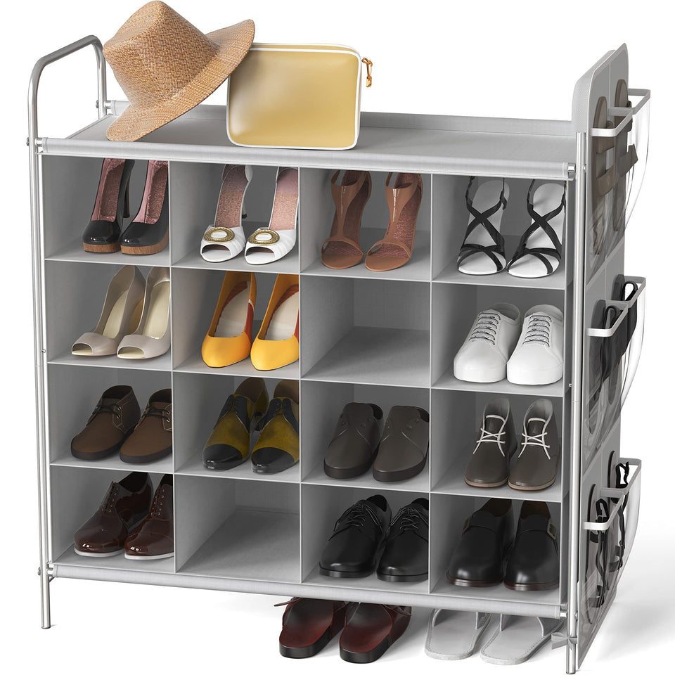 Simple Houseware 4-tier 16-cube shoe cubby rack gray keeps shoes organized