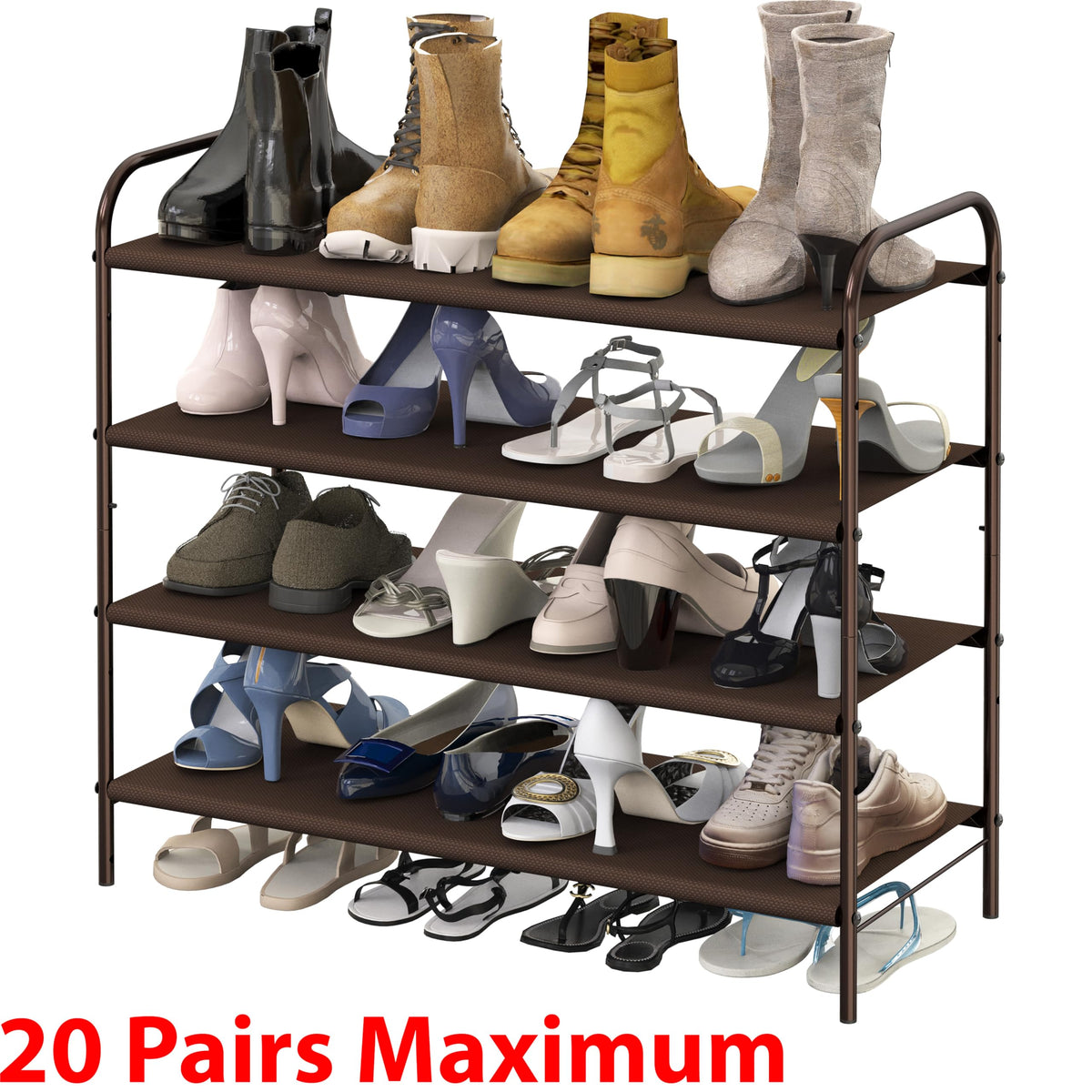 Simple Houseware bronze multi-tier setup demonstrates versatility for different shoe types.