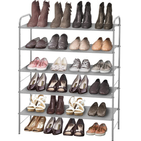Simple Houseware 5-Tier Shoe Rack front view shows organized footwear and sturdy frame.