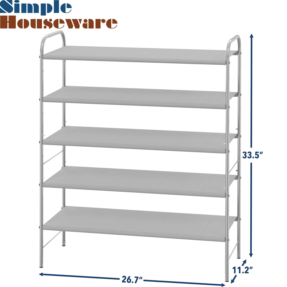 Simple Houseware 5-Tier Shoe Rack side view highlights durable shelves and grey fabric.